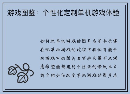游戏图鉴：个性化定制单机游戏体验