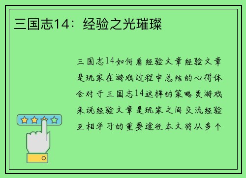 三国志14：经验之光璀璨